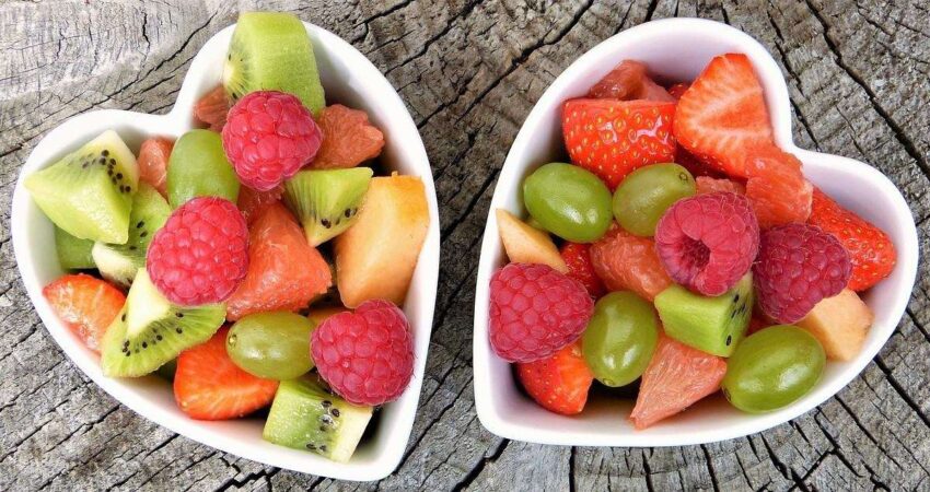 Healthy fruit choices in heart shaped bowls.