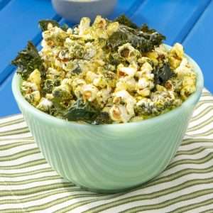 Popcorn with kale in a bowl.