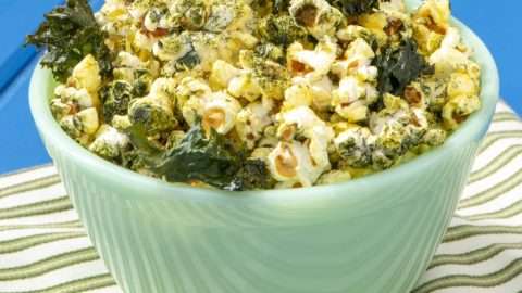 Popcorn with kale in a bowl.