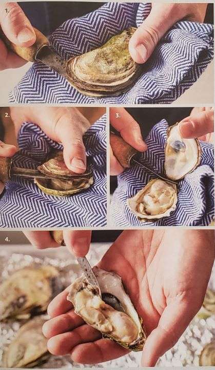 Five frames of instruction how to shuck and oyster using towel and knife.