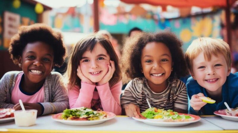 Children eating at a dinner table.