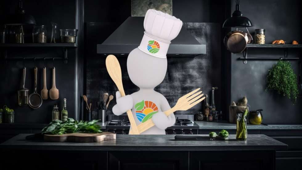 Animated cartoon chef in a kitchen with Where The Food Comes From logo.