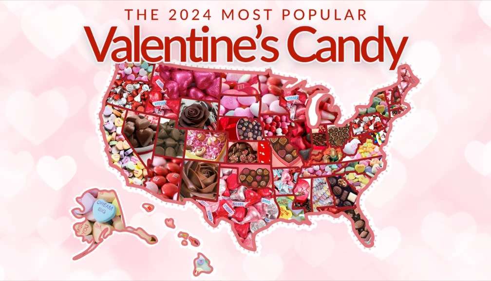 State-by-state map of US with pictures of most popular candy inside each state.