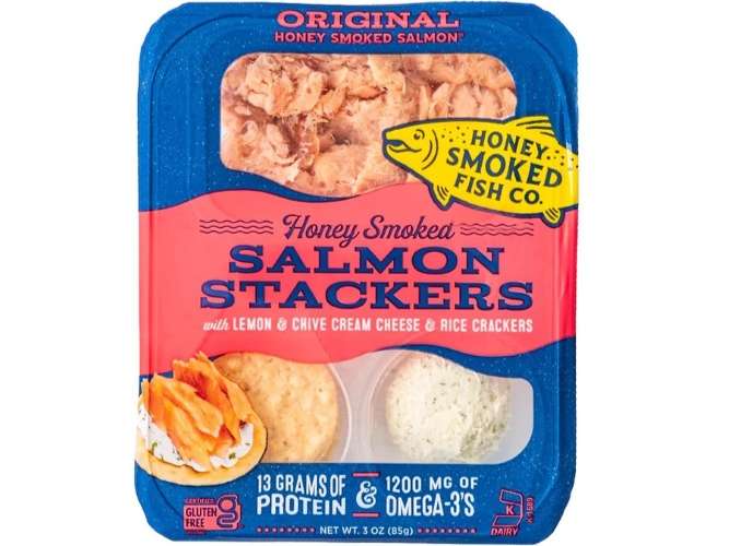 Honey Smoked Salmon Stackers Original in packaging.