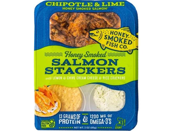 Honey Smoked Salmon Stackers Chipotle & Lime in packaging.