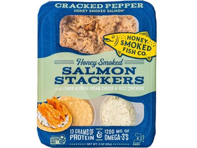 Honey Smoked Salmon Stackers Cracked Pepper in packaging.