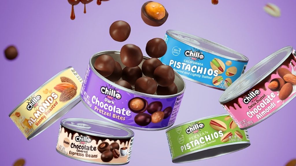 Animation of Chillo Food's canned, assorted chocolates and nuts.