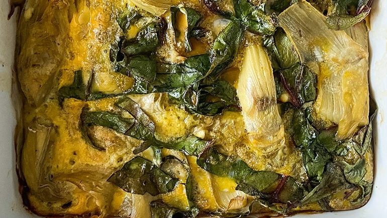 Closeup image of Swiss Chard Artichoke Heart Egg Bake