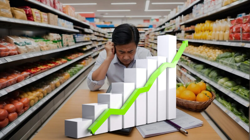 Grocery store aisle with an overlay of a graph depicting price increases.