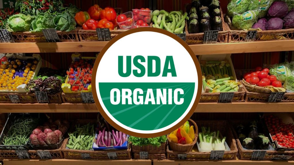 Organic produce with USDA Organic logo overlay.