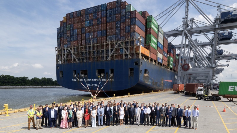 Georgia Ports Authority officials, His Majesty King Willem-Alexander and Her Majesty Queen Máxima of The Netherlands, along with a delegation of Dutch businesses, at the Port of Savannah on Tuesday, June 11, 2024.