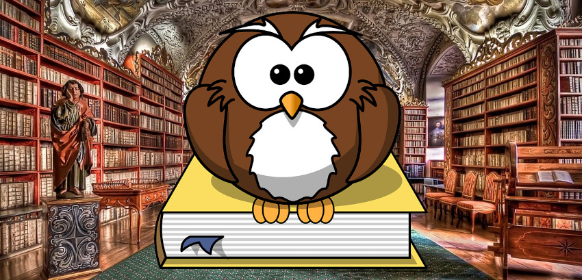 Cartoon owl perched on a book in a library in a monastery in Prague. 