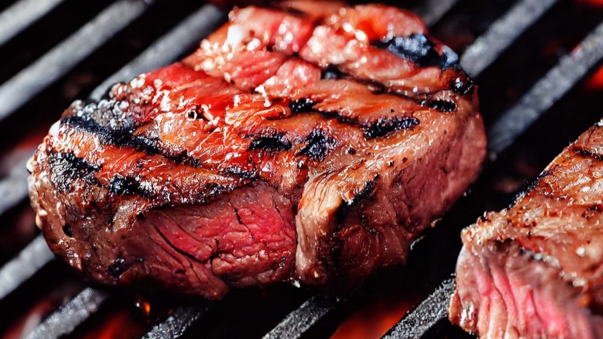 Steak on a flame grill.
