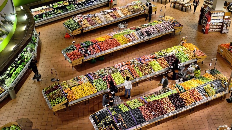 Aerial view produce section in grocery.