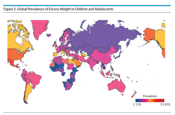 Color coded map of earth indicating prevalence of obesity by country.