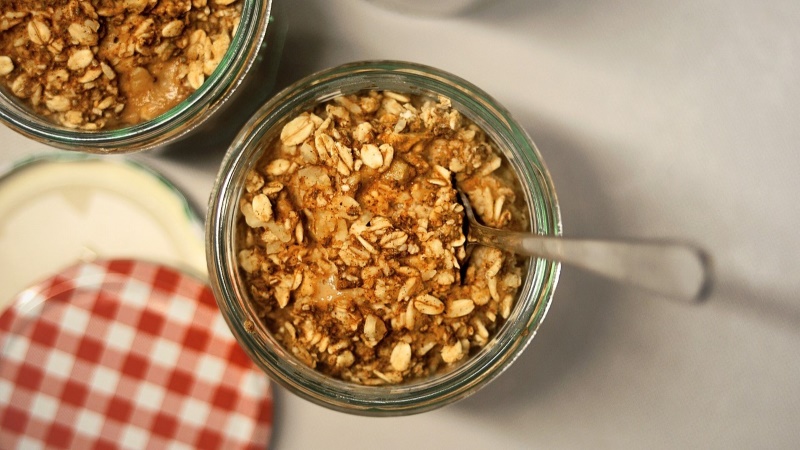 Overhead shot of a jar of oats.