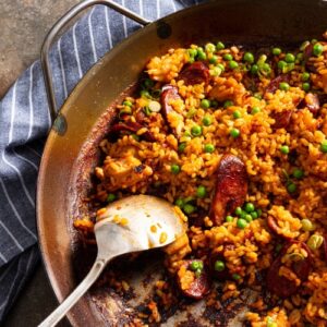 Paella in a sautee pan.