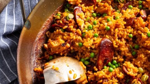 Paella in a sautee pan.