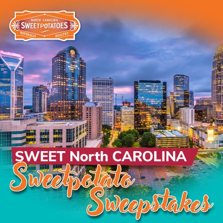 Skyline of Raleigh NC with Sweepstakes banner.