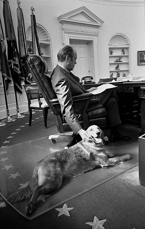 Gerald Ford in the Oval Office with his Golden Retriever Liberty - Novermber 7, 1974. Credit: David Kennerly