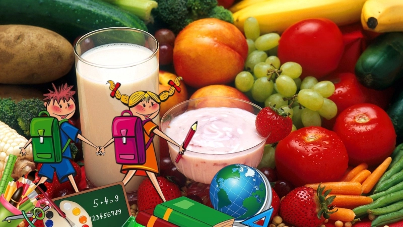 School kids in front of mural of healthy foods.