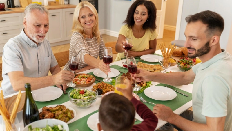 Family enjoying a meal together.