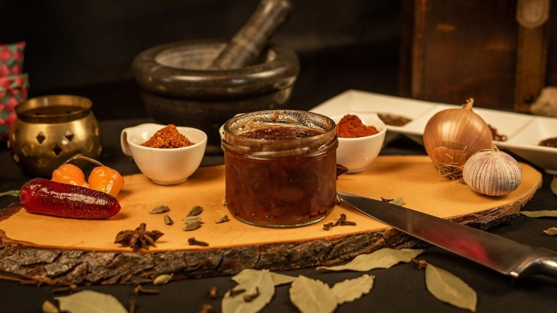 Chutney with assorted cheeses and crackers on wood serving board.