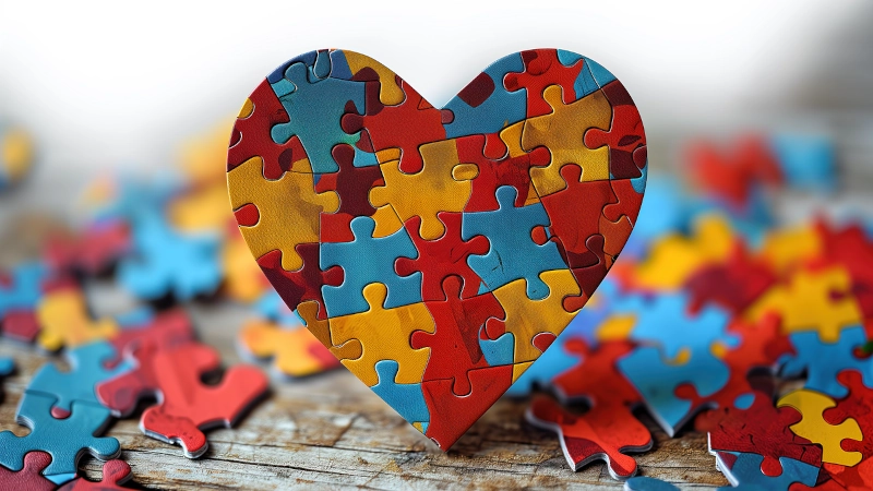 Heart made of multi-colored puzzle pieces.