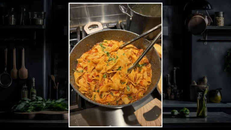 Pappardelle with Sausage and Carmelized Onion Ragu simmering in the pan.