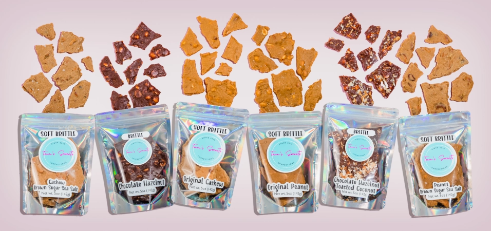 Six bags of assorted flavors of Tam's Sweets Brittle 