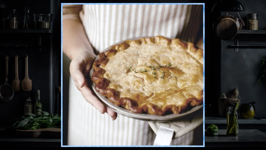 Lady holding a fresh chicken pot pie.