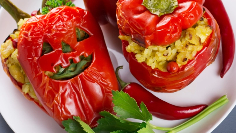 Stuffed red pepper with Jack-o'-lantern face