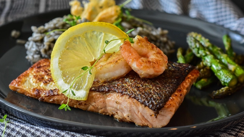 Grilled salmon and asparagus dinner. 