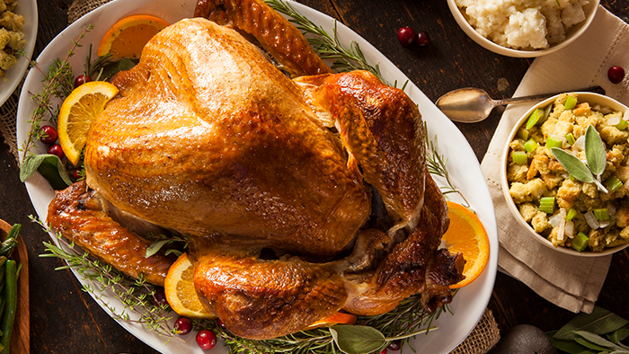 Overhead shot of roasted turkey. 