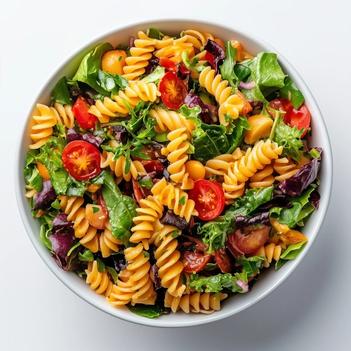 Overhead shot of a bowl of pasta salad. 