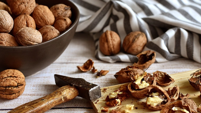 Bowl of walnuts with a walnut crusher next to open shells.