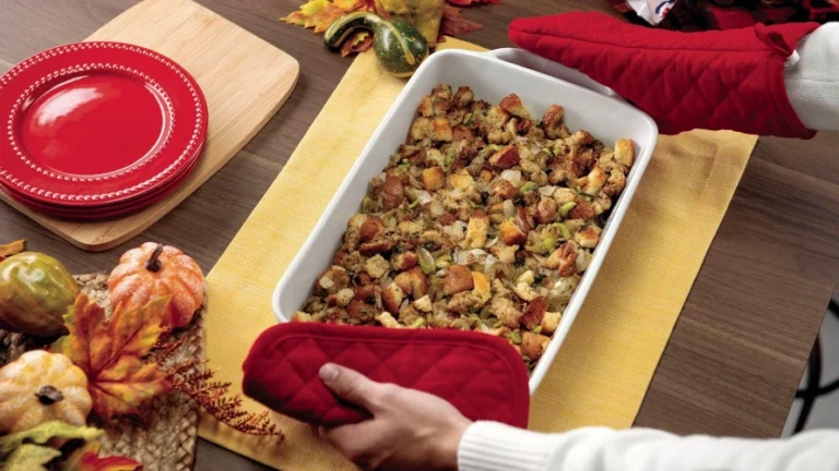 Thanksgiving stuffing fresh out of the oven.