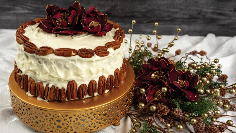 Elegant Hummingbird Cake on a holiday themed table. 