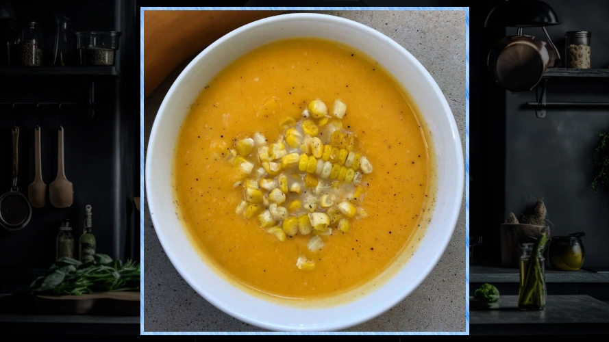 Bowl of butternut squash and corn soup.