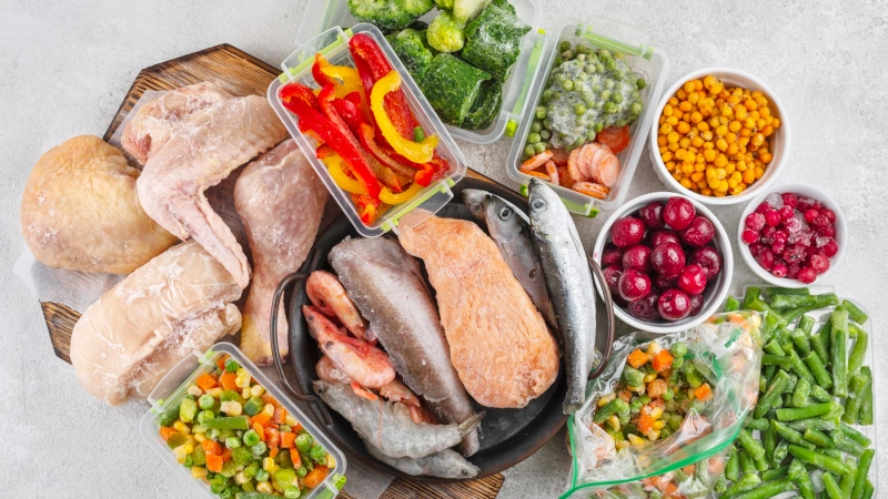 Table of assorted frozen foods