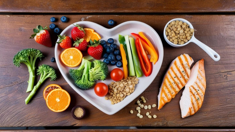 Assorted healthy foods on a heart shaped plate