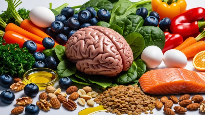 Brain surrounded by healthy food options.