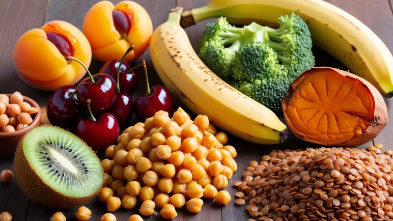 Table top with assorted foods that are a good source of potassium.