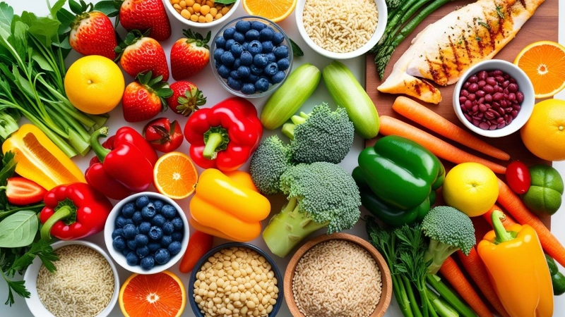 Table top of assorted fruits, vegetables, legumes, whole grains, and lean proteins.