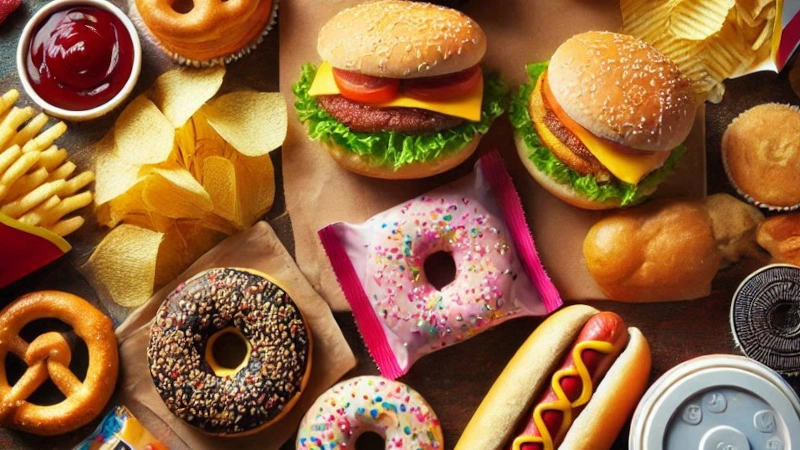 AI generated image of assorted ultra processed foods