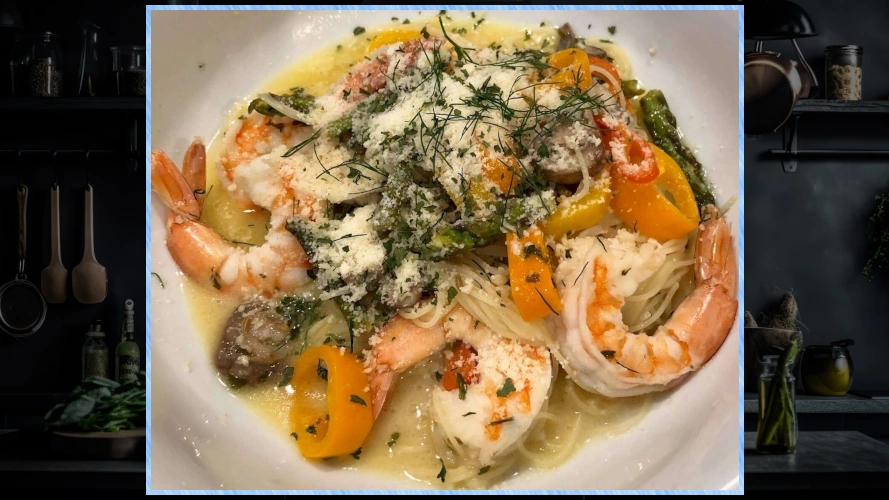 Bowl of Jen's Sweet Shrimp Scampi Primavera