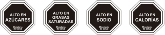 Four stop signs indicating high in calories, sodium, sugar and saturaded fats.