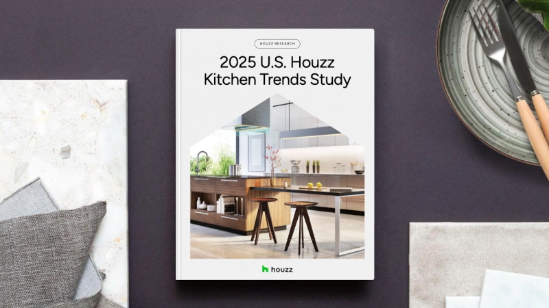 Cover of the 2025 U.S. Houzz Kitchen Trends Study on a kitchen table.