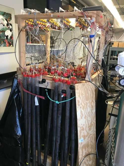 Deep soil cores testing a box of soil for carbon dioxide.