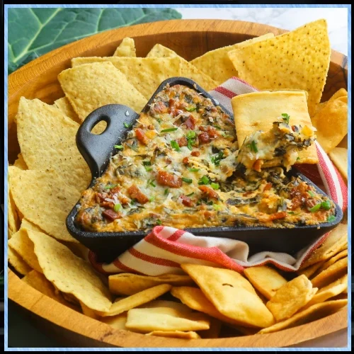 Warm Collard Cheesy Bacon Dip with chips.